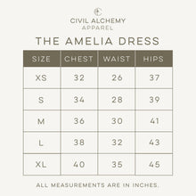 Load image into Gallery viewer, Size chart for 'The Amelia Dress' by Civil Alchemy Apparel on a white background.