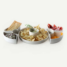 Load image into Gallery viewer, White ceramic platter with compartments filled with snacks on a white background