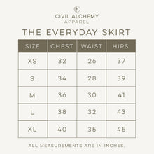 Load image into Gallery viewer, Size chart for 'The Everyday Skirt' by Civil Alchemy Apparel on a white background.