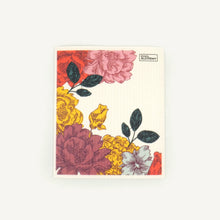 Load image into Gallery viewer, Floral design Swedish dishcloth with red, yellow, and pink flowers on a white background