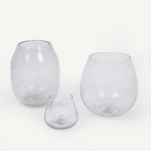 Load image into Gallery viewer, Three clear glass vases of different sizes on a white background
