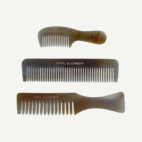 Three combs with 'Civil Alchemy' branding on a white background