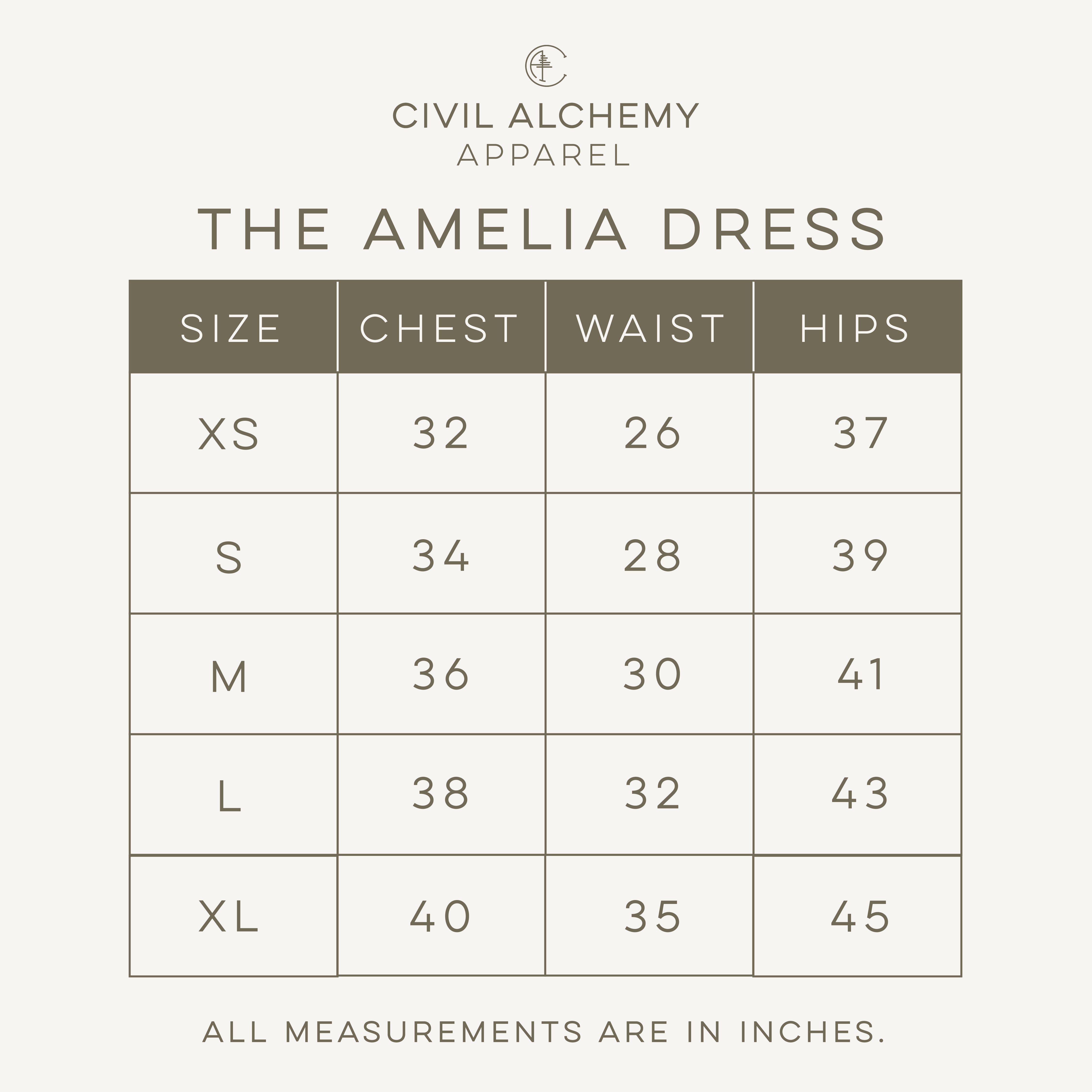 Size chart for 'The Amelia Dress' by Civil Alchemy Apparel on a white background.