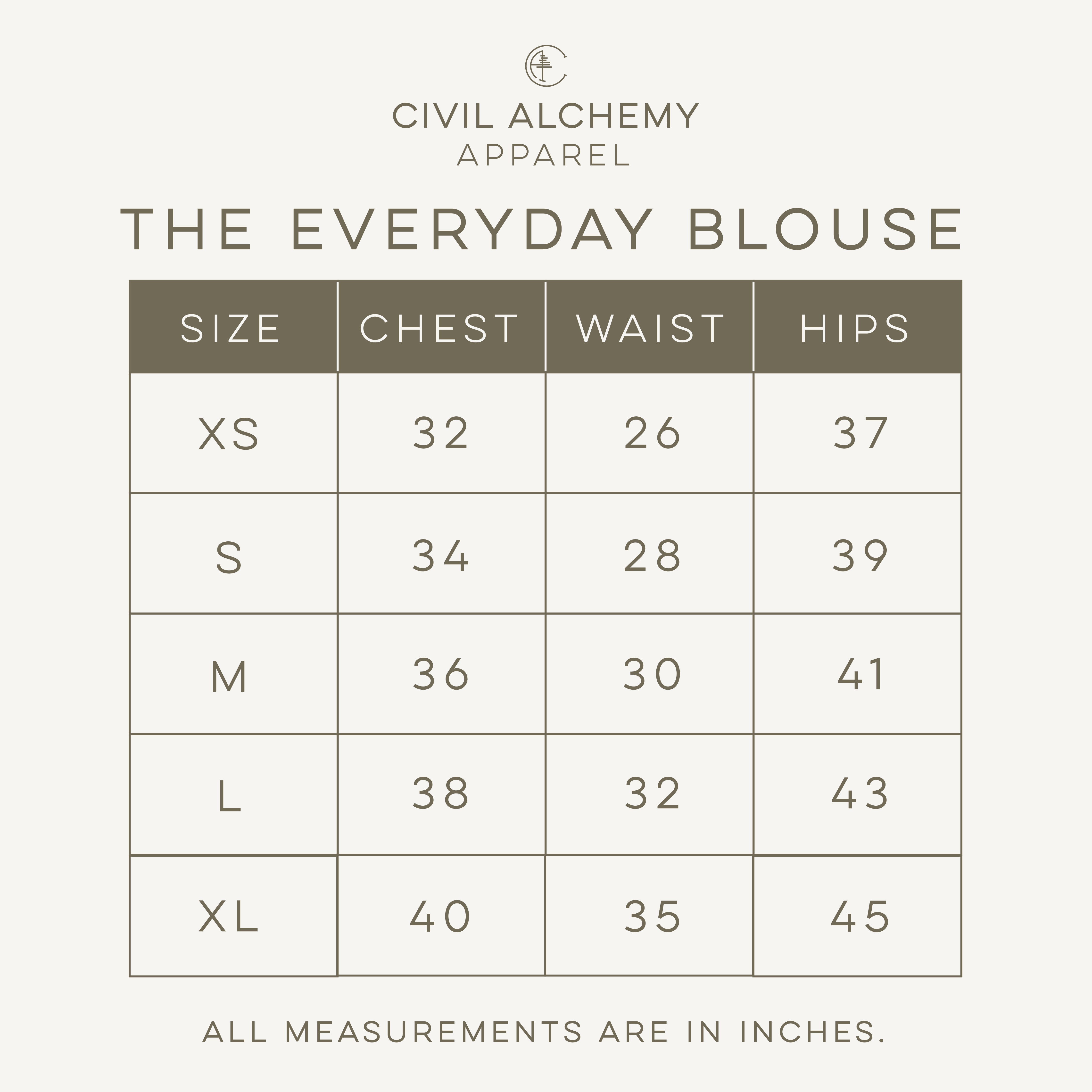 Size chart for 'The Everyday Blouse' by Civil Alchemy Apparel on a white background.