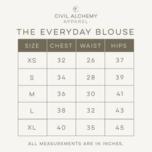 Load image into Gallery viewer, Size chart for 'The Everyday Blouse' by Civil Alchemy Apparel on a white background.
