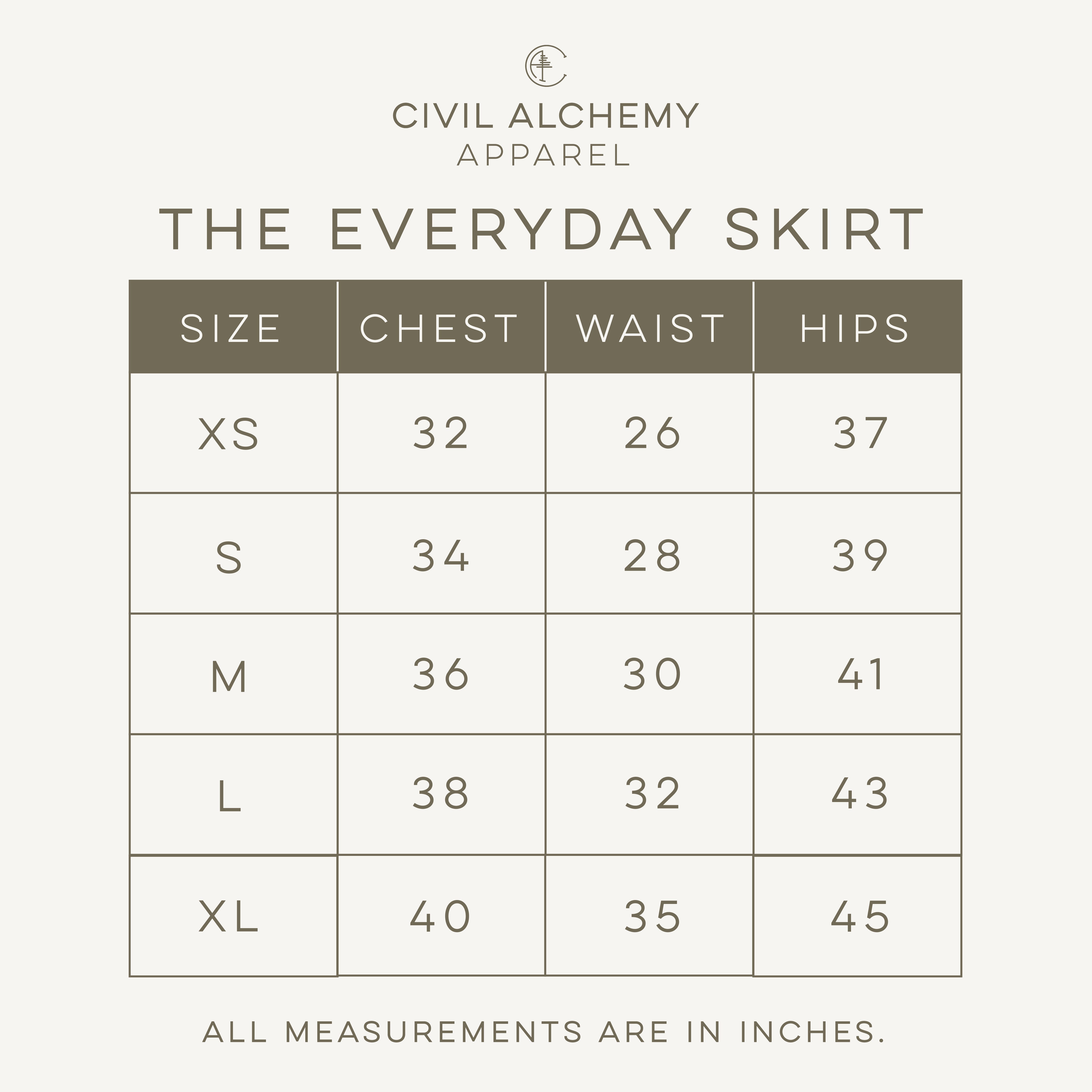 Size chart for 'The Everyday Skirt' by Civil Alchemy Apparel on a white background.