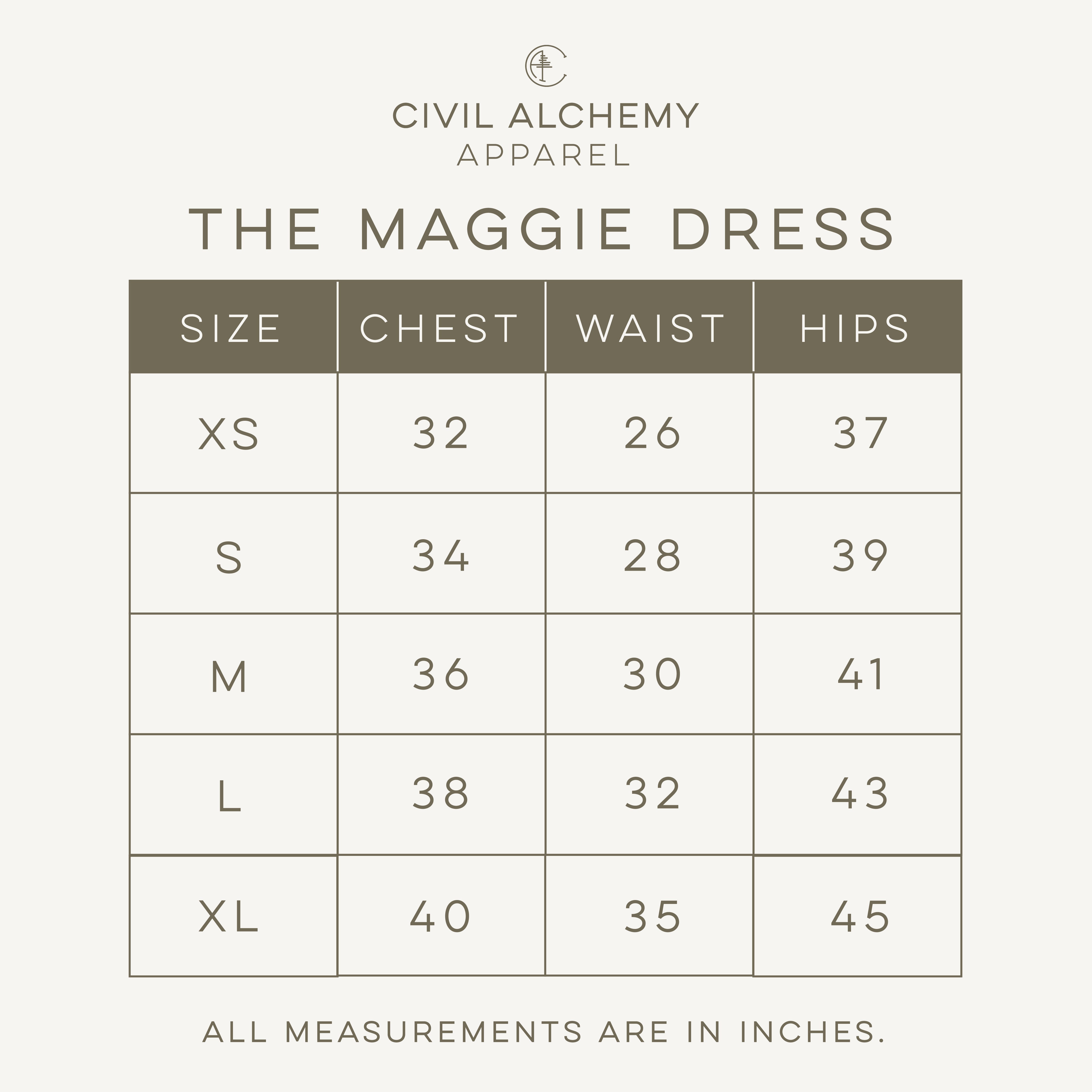Size chart for 'The Maggie Dress' by Civil Alchemy Apparel on a white background.