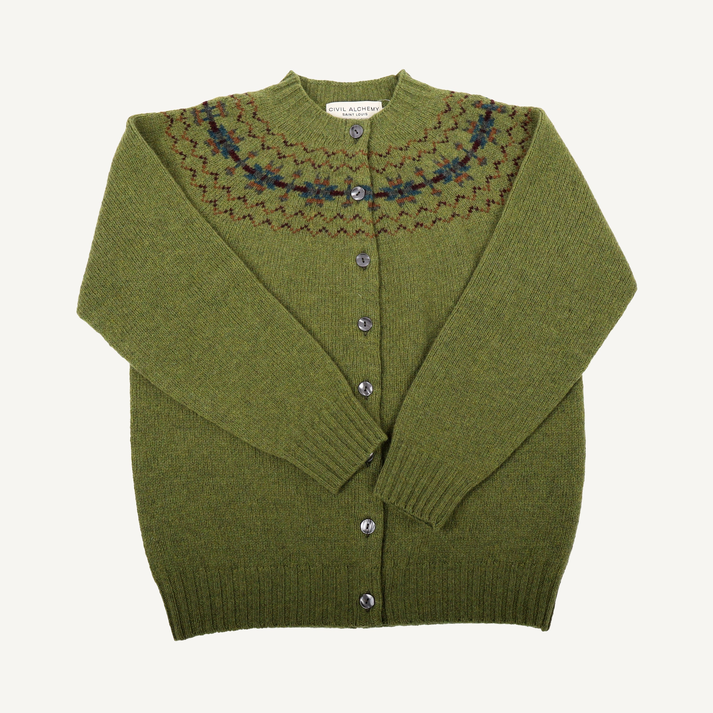 Olive Fairisle Yoke High Button Cardigan