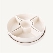 Load image into Gallery viewer, Round beige ceramic tray with compartments on a white background
