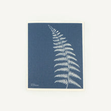 Load image into Gallery viewer, Blue Swedish dishcloth with white fern illustration

