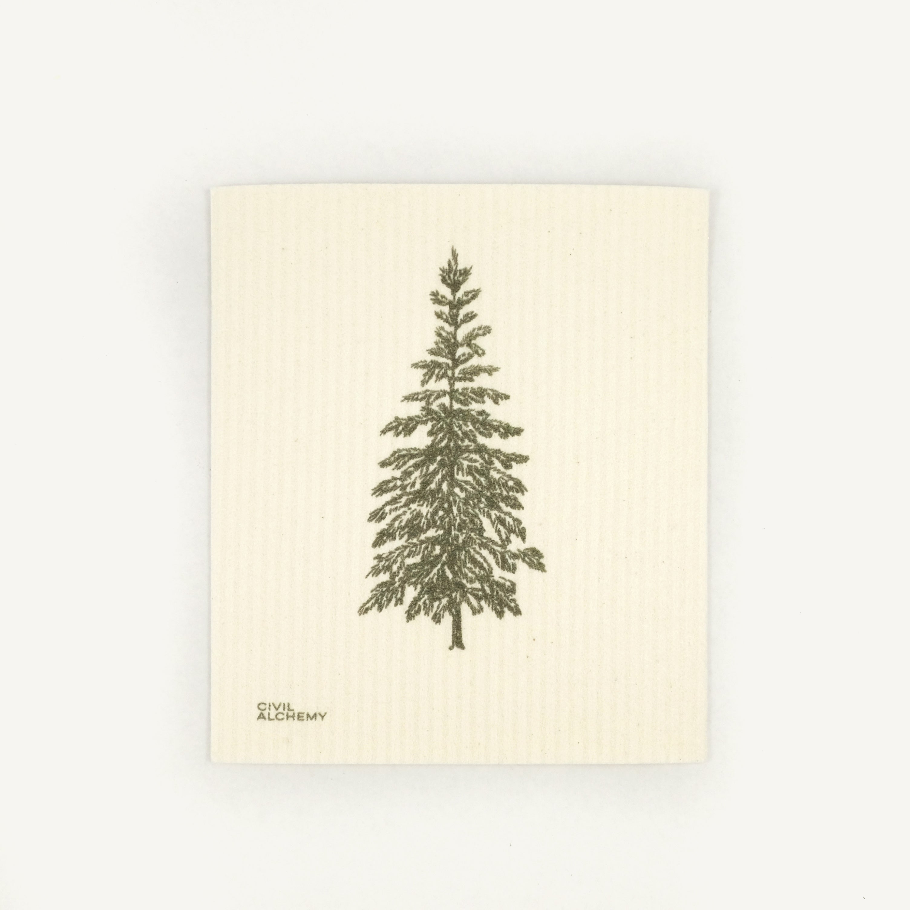 Beige Swedish dishcloth with a green tree illustration on a white background