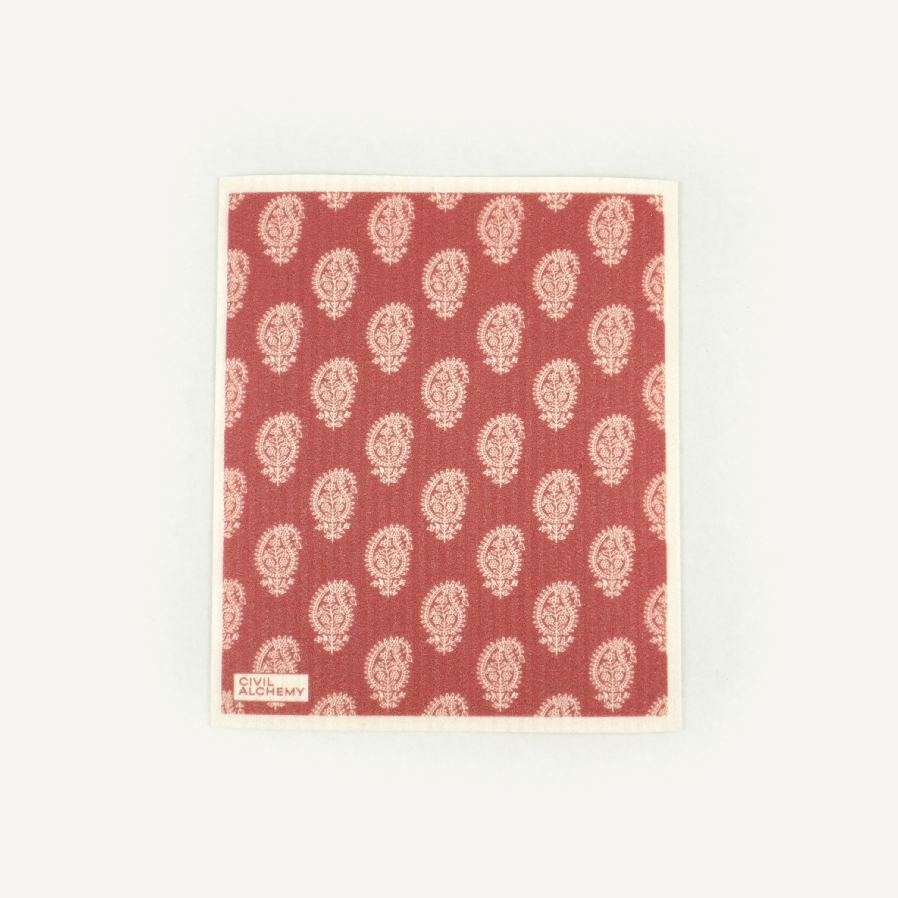 Red Swedish dishcloth with white paisley pattern