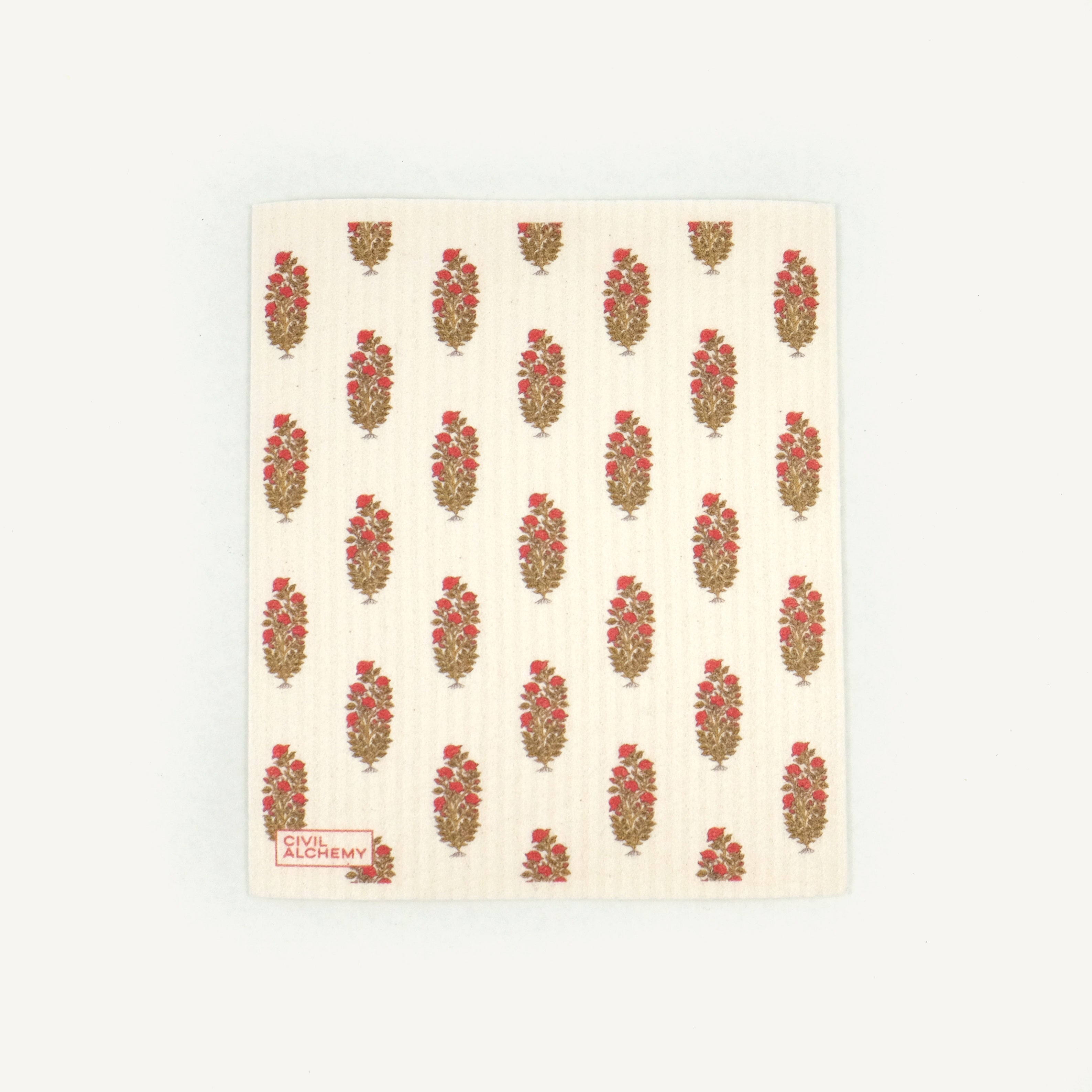 Patterned Swedish dishcloth with floral design on a white background