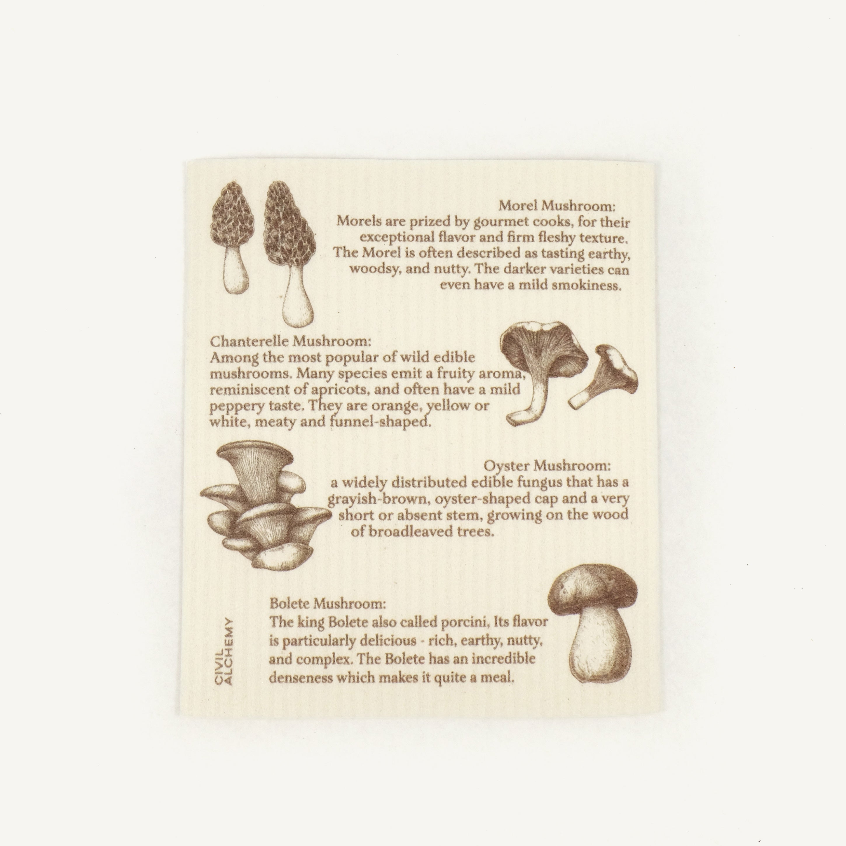 Educational Swedish dishcloth about different types of mushrooms with illustrations and text on a beige background