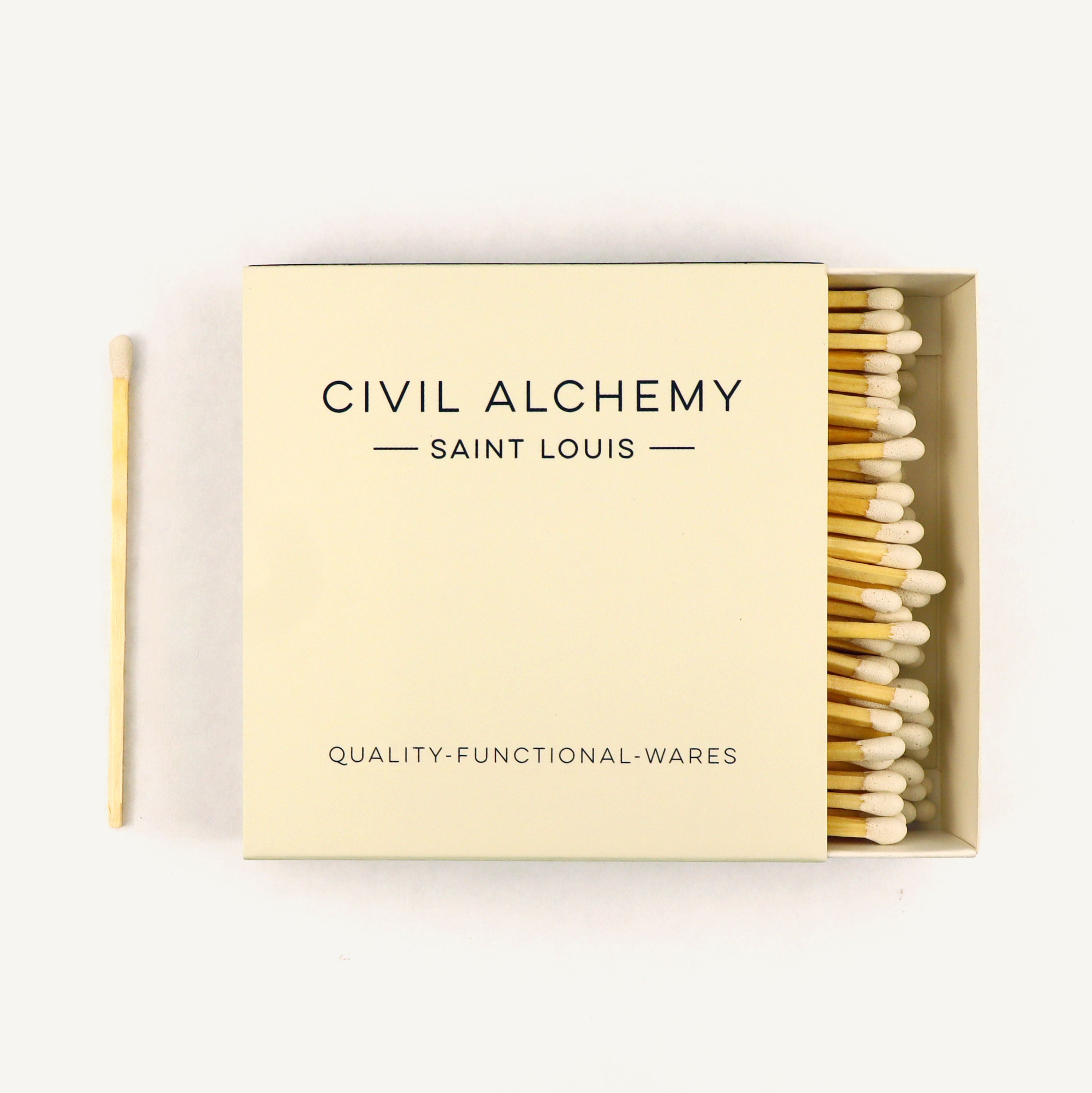 Box of matches with 'Civil Alchemy Saint Louis' branding on a white background