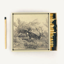 Load image into Gallery viewer, Matchbox with artistic design of deer in a forest, matches on one side
