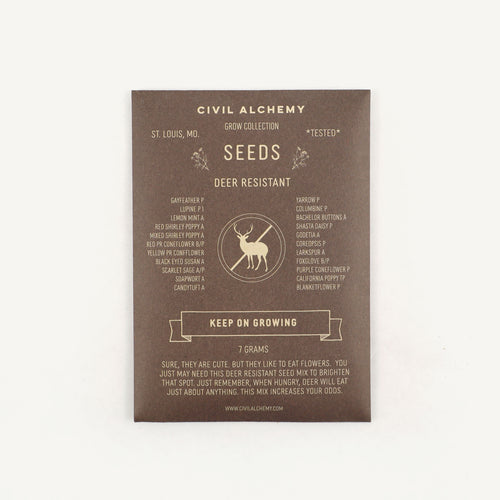Seed packet with deer-resistant seeds on a white background