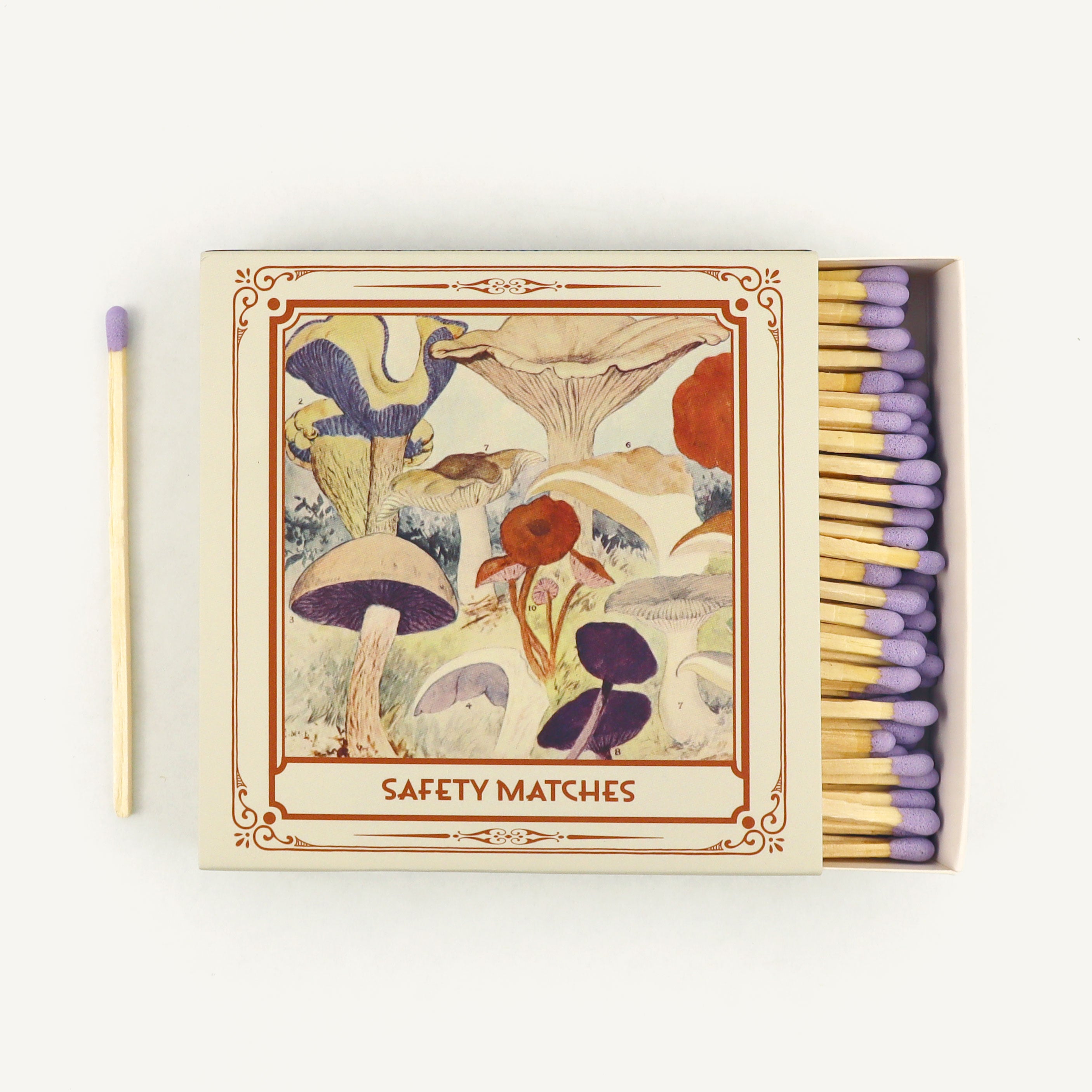 Matches with a mushroom-themed box on a white background